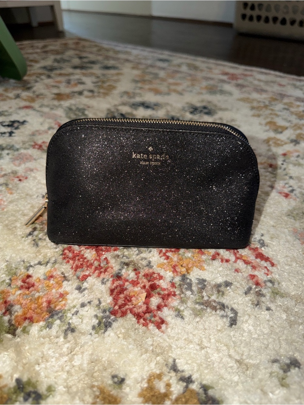 kate spade black glitter zip cosmetic pouch with gold-tone logo
